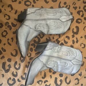 Vintage Mid Calf Western Boots Silver Cowboy Unique Metallic Biker Size 8 Women'